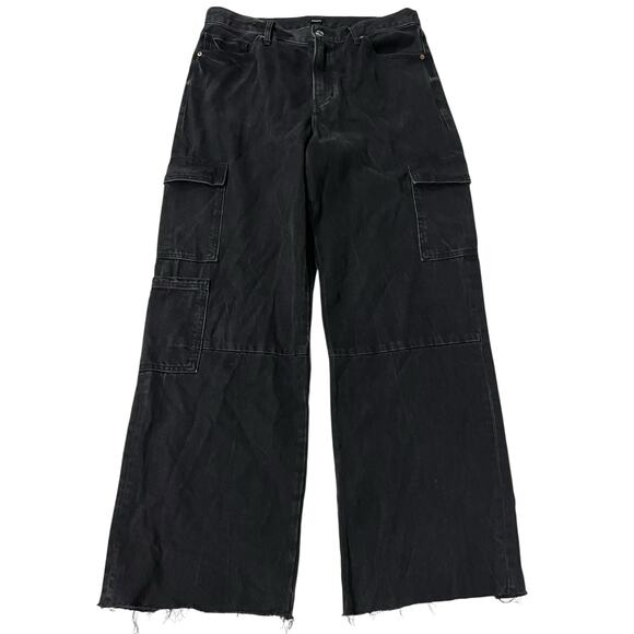 Express Denim - Express Jeans Womens 12R Black High Rise Baggy Wide Leg Cargo Pockets Raw Hem